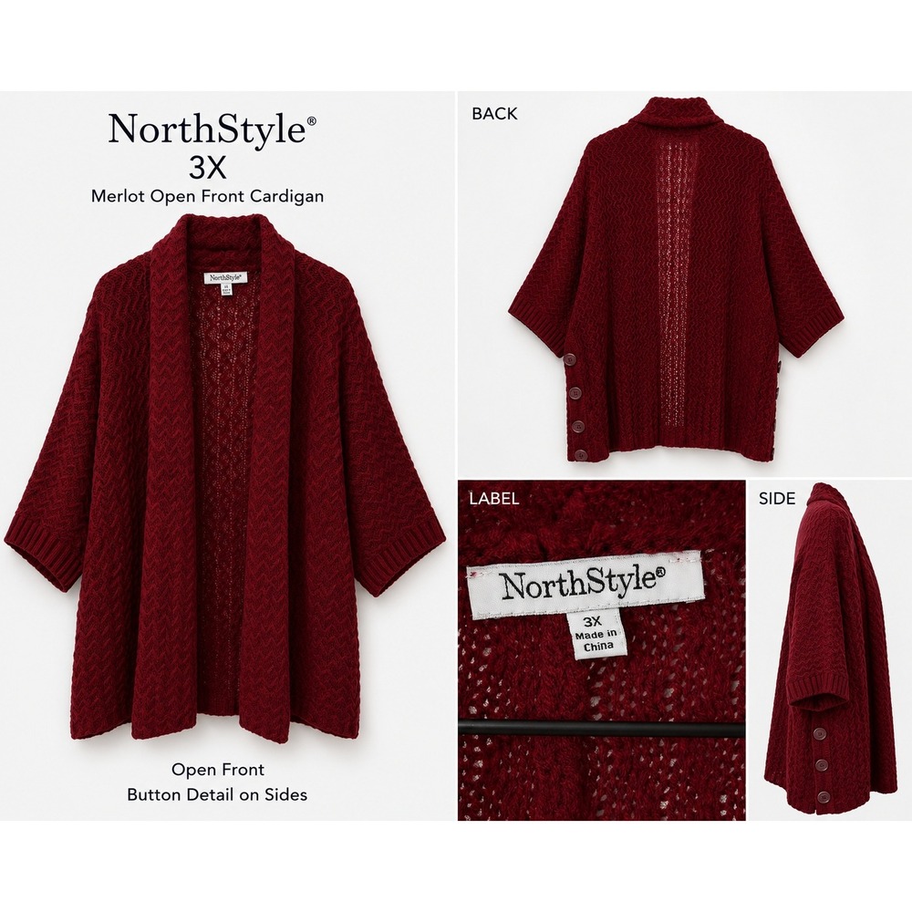 NorthStyle Merlot‎ Red Open Front Cardigan 3X Chevron Knit Side Button Detail